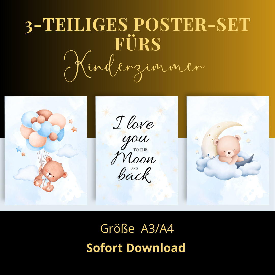 3-teiliges Poster-Set fürs Kinderzimmer – Spruch I love you to the moon and back, Deko für Babyzimmer, liebevoll gestaltet| A4| A3|Download