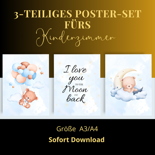 3-teiliges Poster-Set fürs Kinderzimmer – Spruch I love you to the moon and back, Deko für Babyzimmer, liebevoll gestaltet| A4| A3|Download