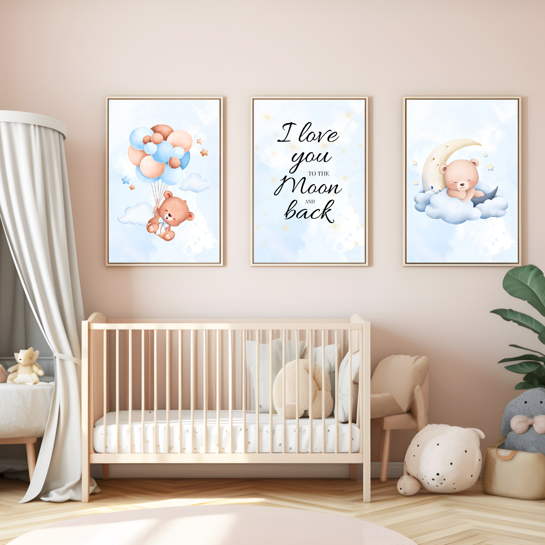 3-teiliges Poster-Set fürs Kinderzimmer – Spruch I love you to the moon and back, Deko für Babyzimmer, liebevoll gestaltet| A4| A3|Download