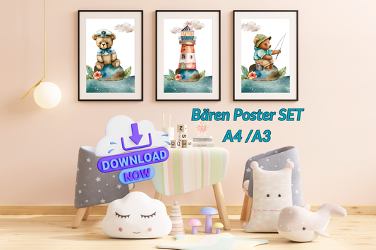 3-teiliges Poster-Set Kinder – Süße Bären & Leuchtturm – Kinderzimmer Deko zum Ausdrucken – Maritime Wandbilder Digital Download