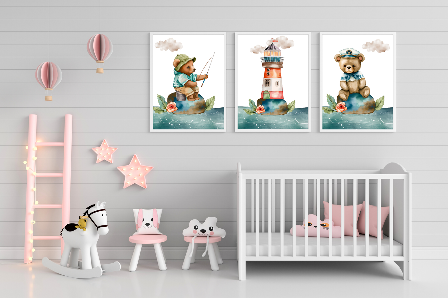 3-teiliges Poster-Set Kinder – Süße Bären & Leuchtturm – Kinderzimmer Deko zum Ausdrucken – Maritime Wandbilder Digital Download