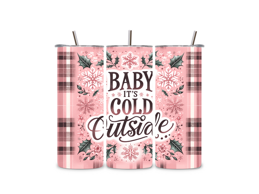 Rosa Edelstahlbecher mit Baby it’s Cold Outside. Perfekt für heiße Getränke an kalten Wintertagen. Stylisch, praktisch und ein tolles Geschenk!