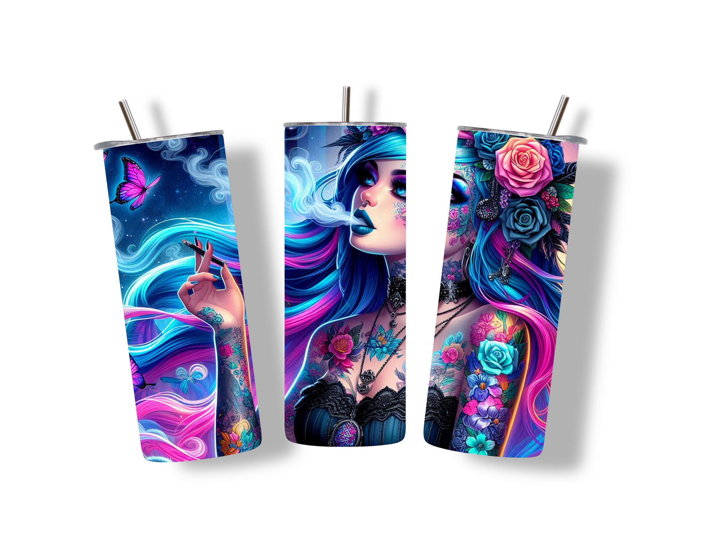 Stylischer Edelstahlbecher mit Badass Girl, Tattoos, Blumen in Blau Pink. Perfekt für Getränke unterwegs und als Geschenkidee.