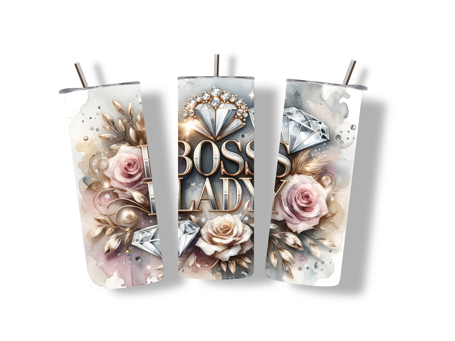 Edelstahlbecher Boss Lady in Pastellfarben mit Rosen & Diamanten. Perfekt für Powerfrauen, die Stil & Stärke vereinen wollen.