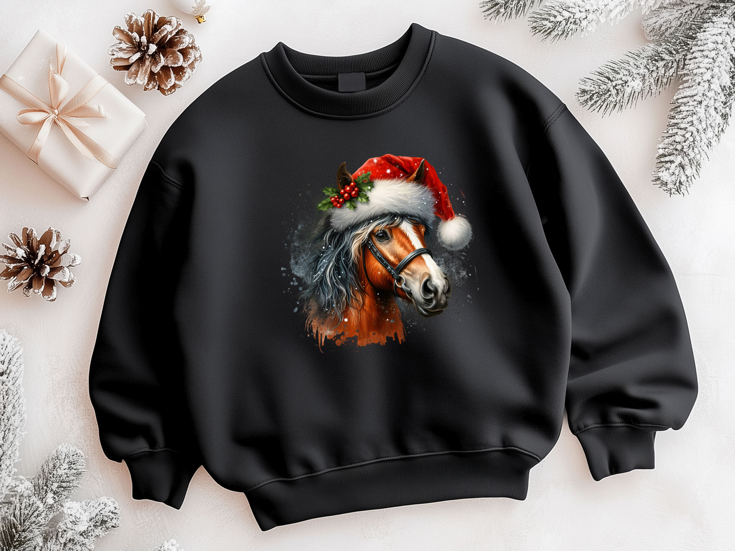 Festlicher Pullover mit Pferd, Weihnachtsmütze und Mistelzweig. Perfekt für Pferdeliebhaber und kuschelige Weihnachtsoutfits!