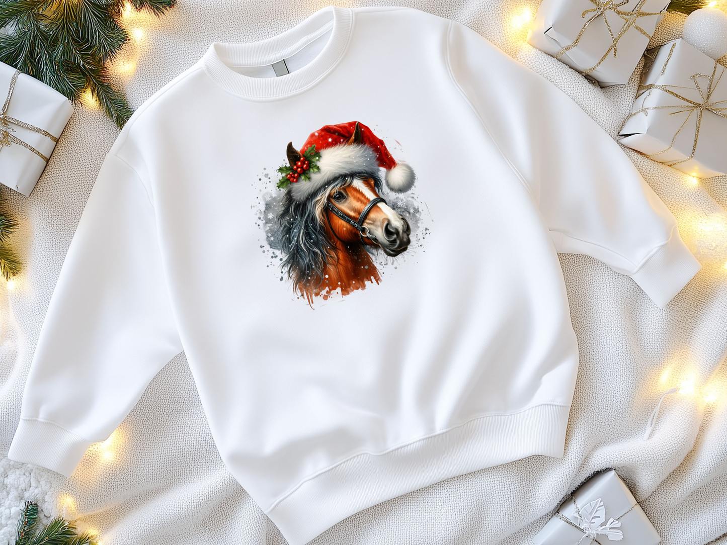 Festlicher Pullover mit Pferd, Weihnachtsmütze und Mistelzweig. Perfekt für Pferdeliebhaber und kuschelige Weihnachtsoutfits!