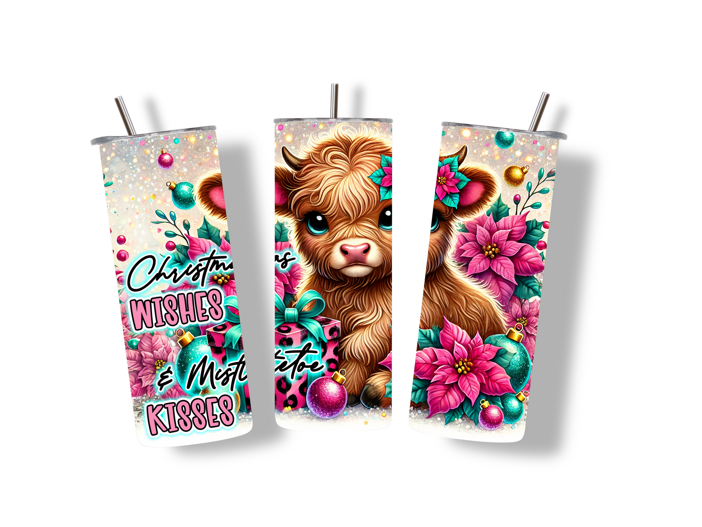 Weihnachtlicher Edelstahlbecher mit Highland Cow, Weihnachtsblumen und Spruch. Perfekt für heiße Getränke oder als Geschenk!