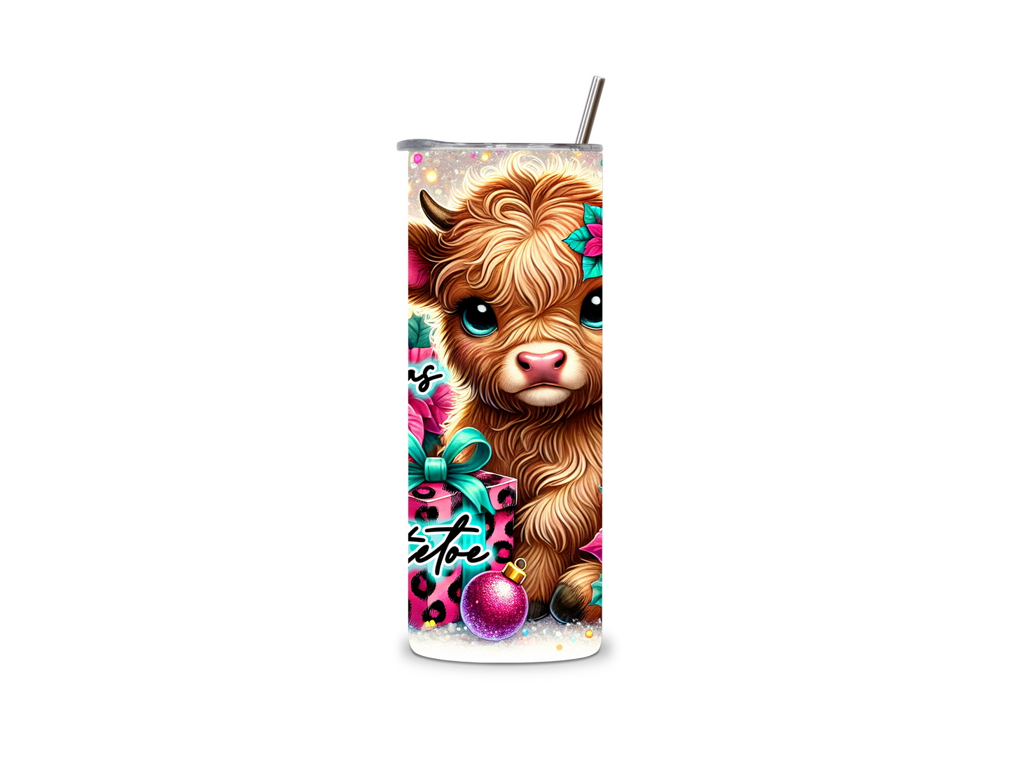 Weihnachtlicher Edelstahlbecher mit Highland Cow, Weihnachtsblumen und Spruch. Perfekt für heiße Getränke oder als Geschenk!