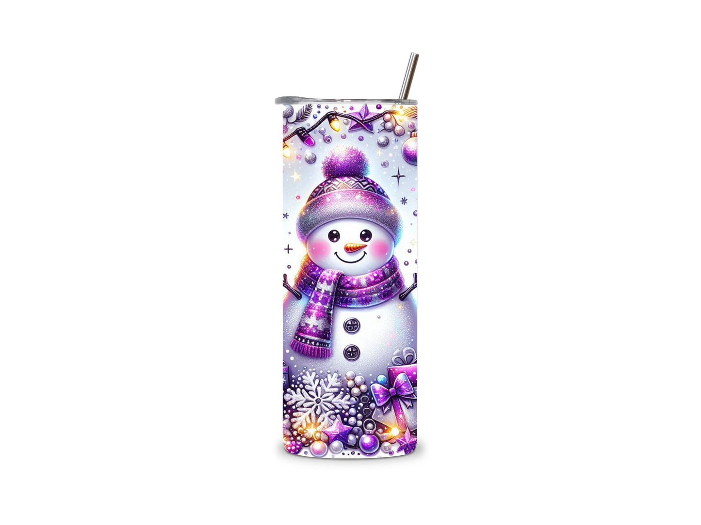 Stylischer Edelstahlbecher mit Schneemann, Christbäumen, Schneeflocken & Geschenken in Weiß Pink. Perfekt für Weihnachten & Winter!