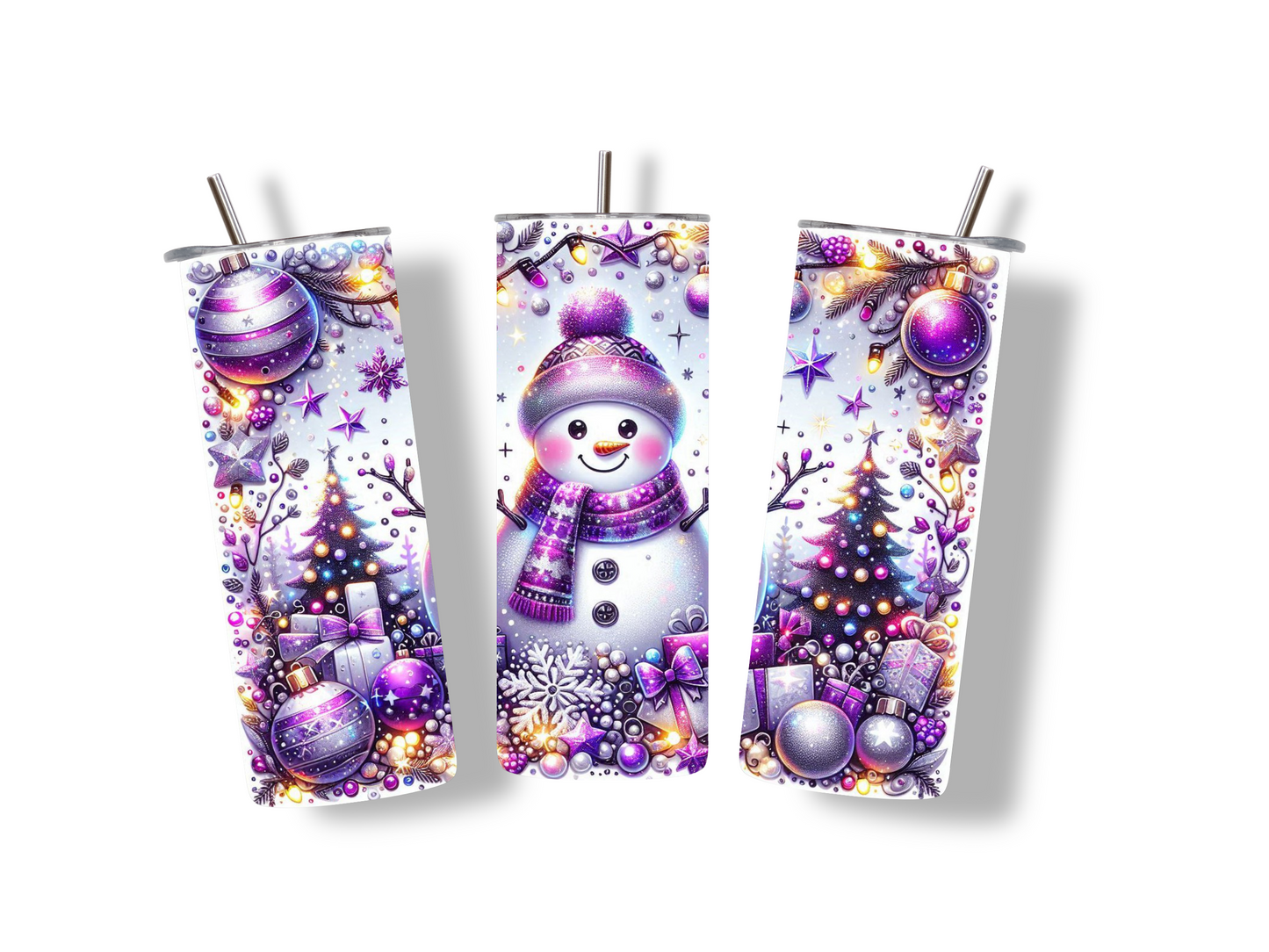 Stylischer Edelstahlbecher mit Schneemann, Christbäumen, Schneeflocken & Geschenken in Weiß Pink. Perfekt für Weihnachten & Winter!