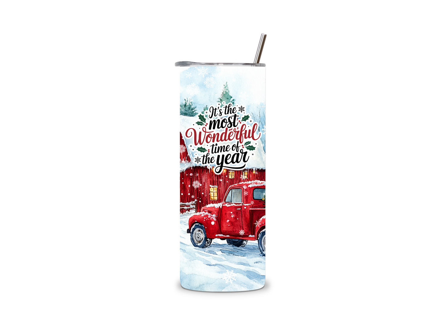 Edelstahlbecher mit Winterlandschaft und rotem Truck. Perfekt für Kaffee & Kakao an kalten Tagen. Stylisch, nachhaltig und ideal für Winterfans.