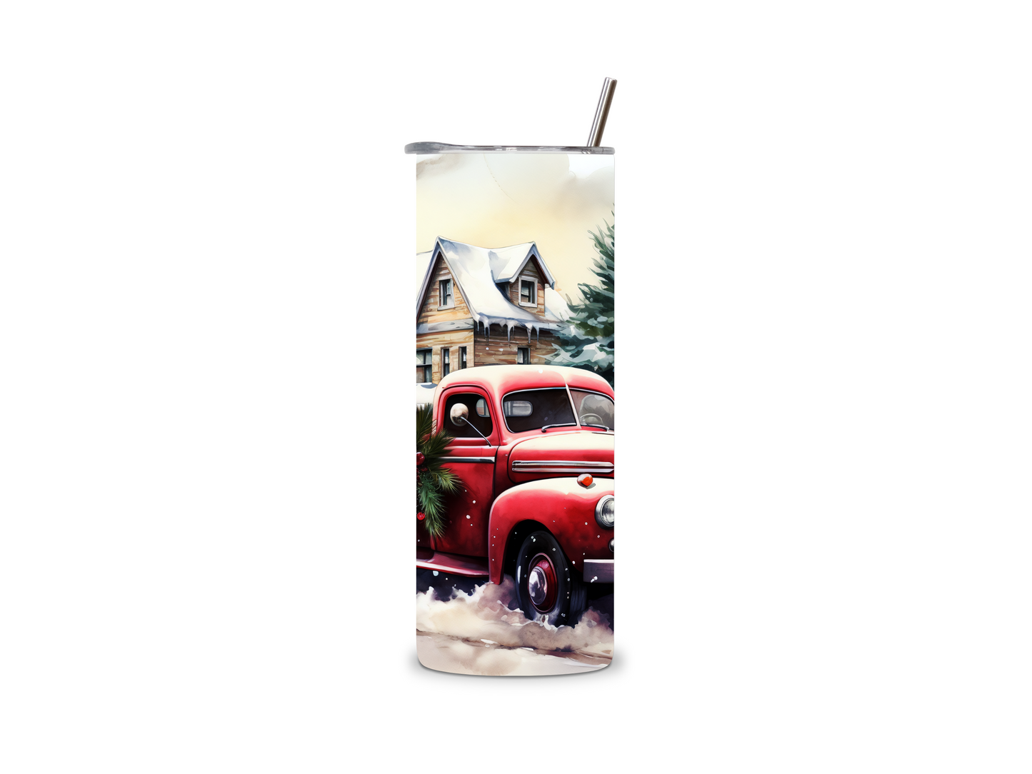 Edelstahlbecher mit Winterlandschaft, braunem Haus, geschmückten Christbäumen und rotem Truck. Perfekt für Weihnachten und heiße Getränke!