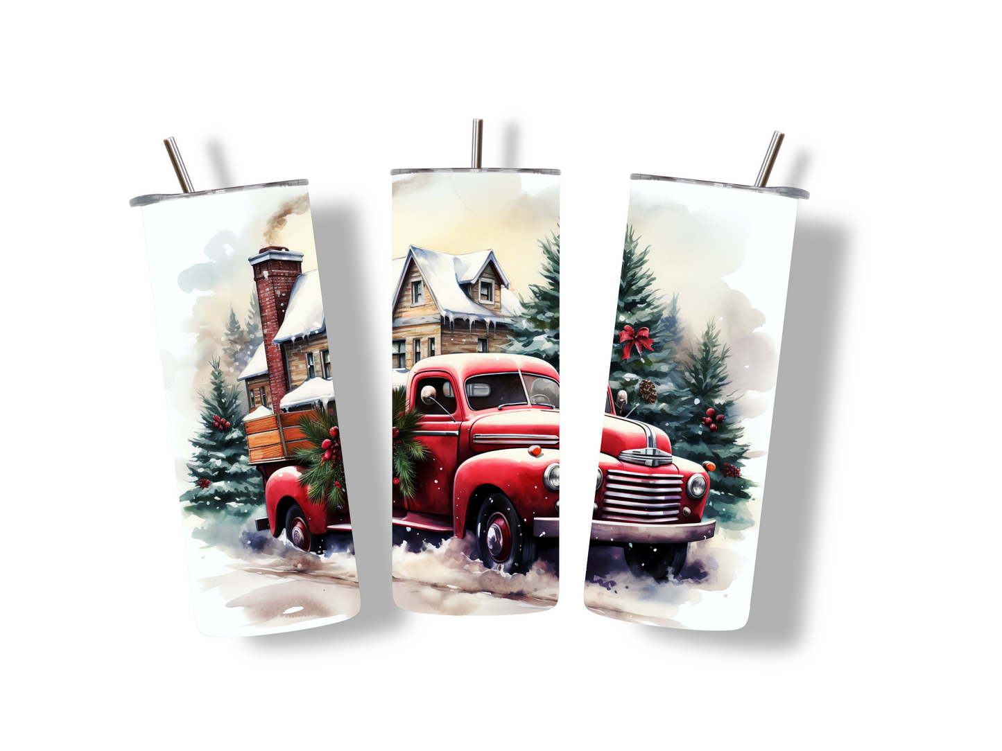 Edelstahlbecher mit Winterlandschaft, braunem Haus, geschmückten Christbäumen und rotem Truck. Perfekt für Weihnachten und heiße Getränke!