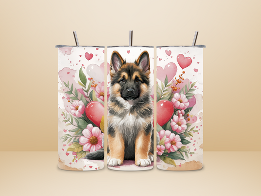 Edelstahlbecher mit Deutschem Schäferhund, rosa Blumen und Herzen. Perfekt für Hundeliebhaber und Schäferhund-Fans. Robust und stylisch!