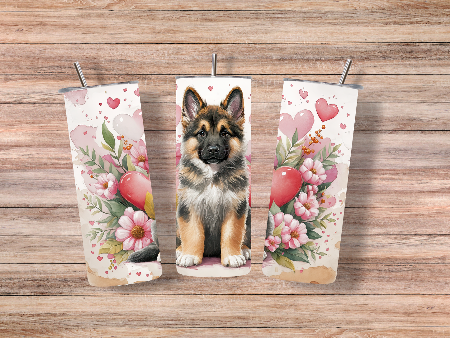 Edelstahlbecher mit Deutschem Schäferhund, rosa Blumen und Herzen. Perfekt für Hundeliebhaber und Schäferhund-Fans. Robust und stylisch!