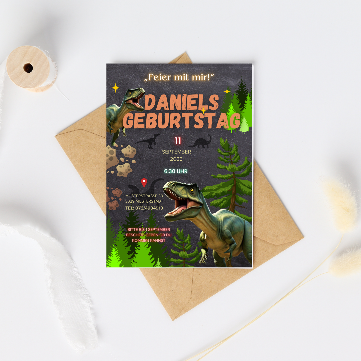 Digitale Einladung Dinosaurier für Kinder | Dinosaurier Geburtstagseinladung | Bearbeitbar mit Canva | Dino Party Einladung für Kinder