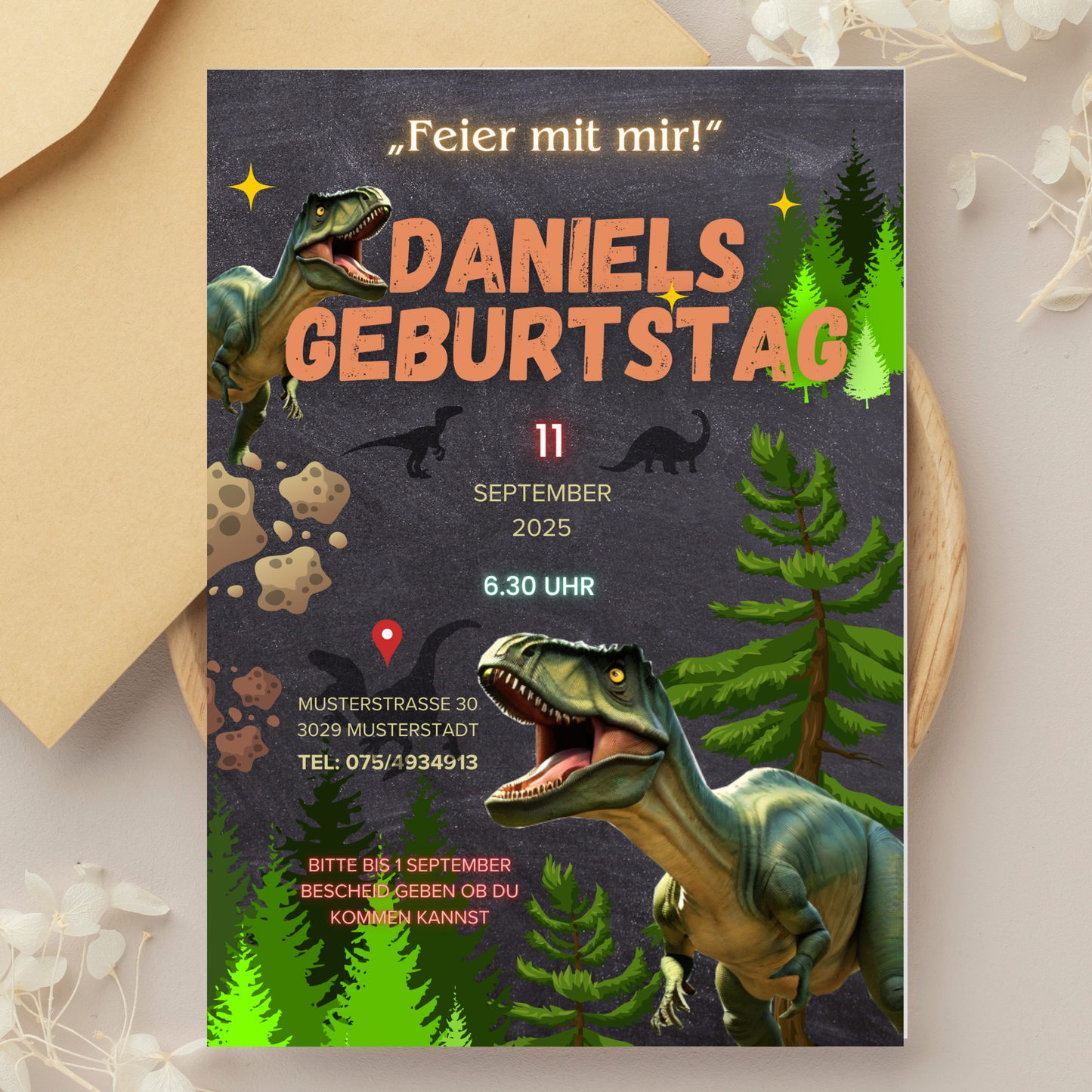 Digitale Einladung Dinosaurier für Kinder | Dinosaurier Geburtstagseinladung | Bearbeitbar mit Canva | Dino Party Einladung für Kinder