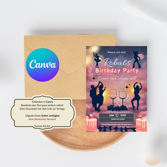 Geburtstagseinladung Erwachsene – Tanz & Party Design – Canva Vorlage A5/A6