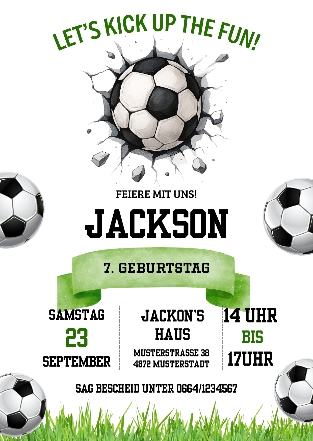 Fußball Einladungskarte Kindergeburtstag – 1 Design wählbar aus 5 Varianten – Editierbar in Canva – Digitaler Download – Mädchen & Buben