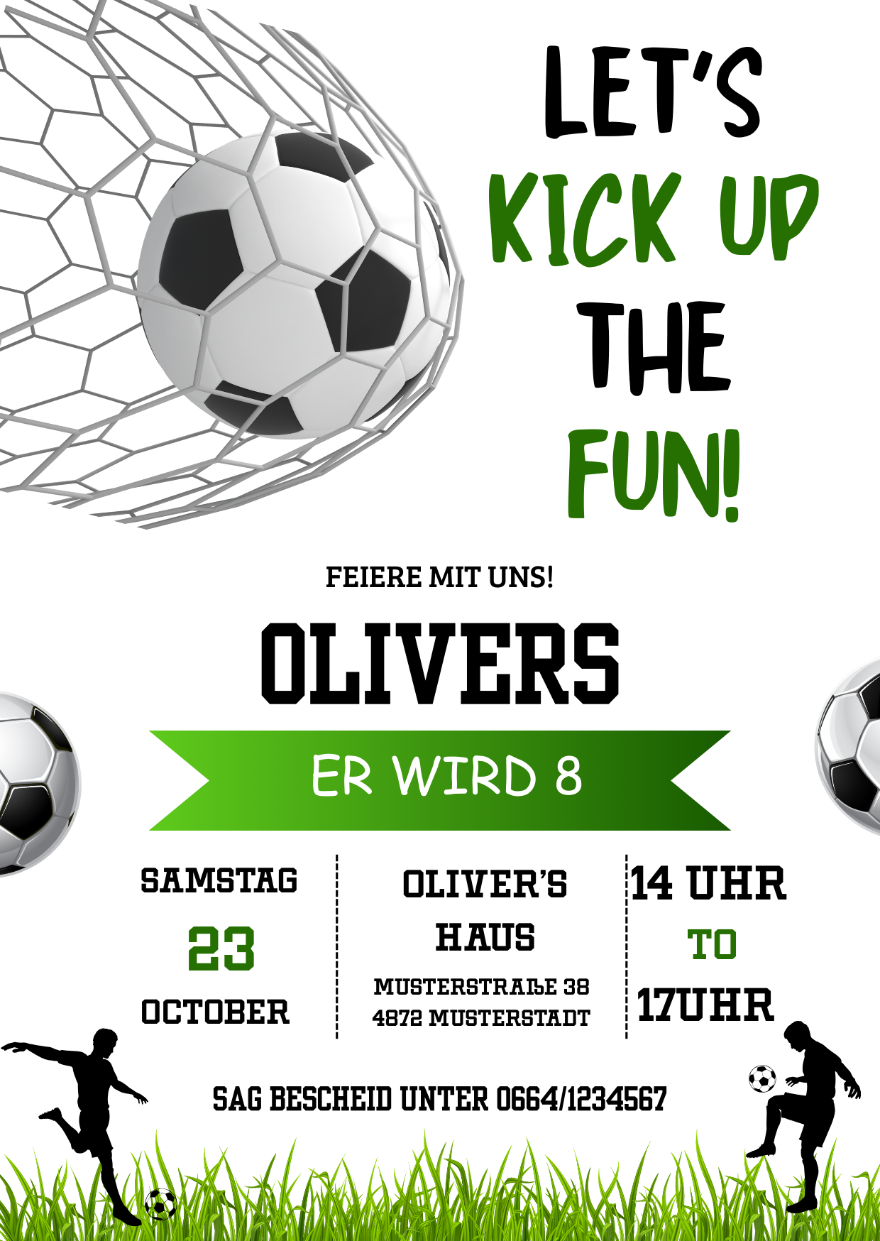 Fußball Einladungskarte Kindergeburtstag – 1 Design wählbar aus 5 Varianten – Editierbar in Canva – Digitaler Download – Mädchen & Buben