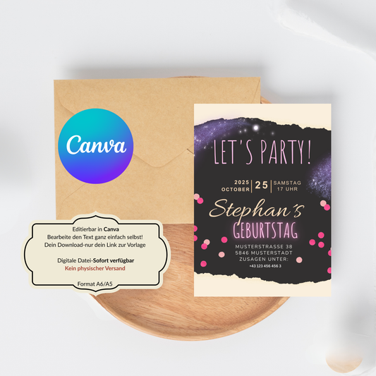 Geburtstagseinladung Erwachsene – Schwarzes & Neon-Design – Canva Vorlage A5/A6