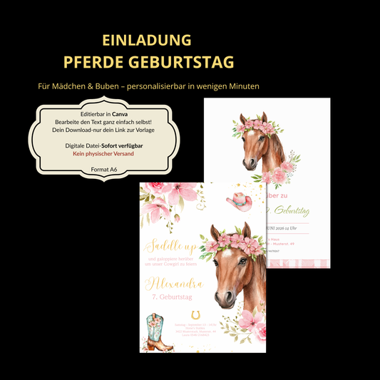 Pferde Einladungskarte Kindergeburtstag – 1 Design wählbar aus 2 Varianten – Editierbar in Canva – Digitaler Download – Mädchen & Buben
