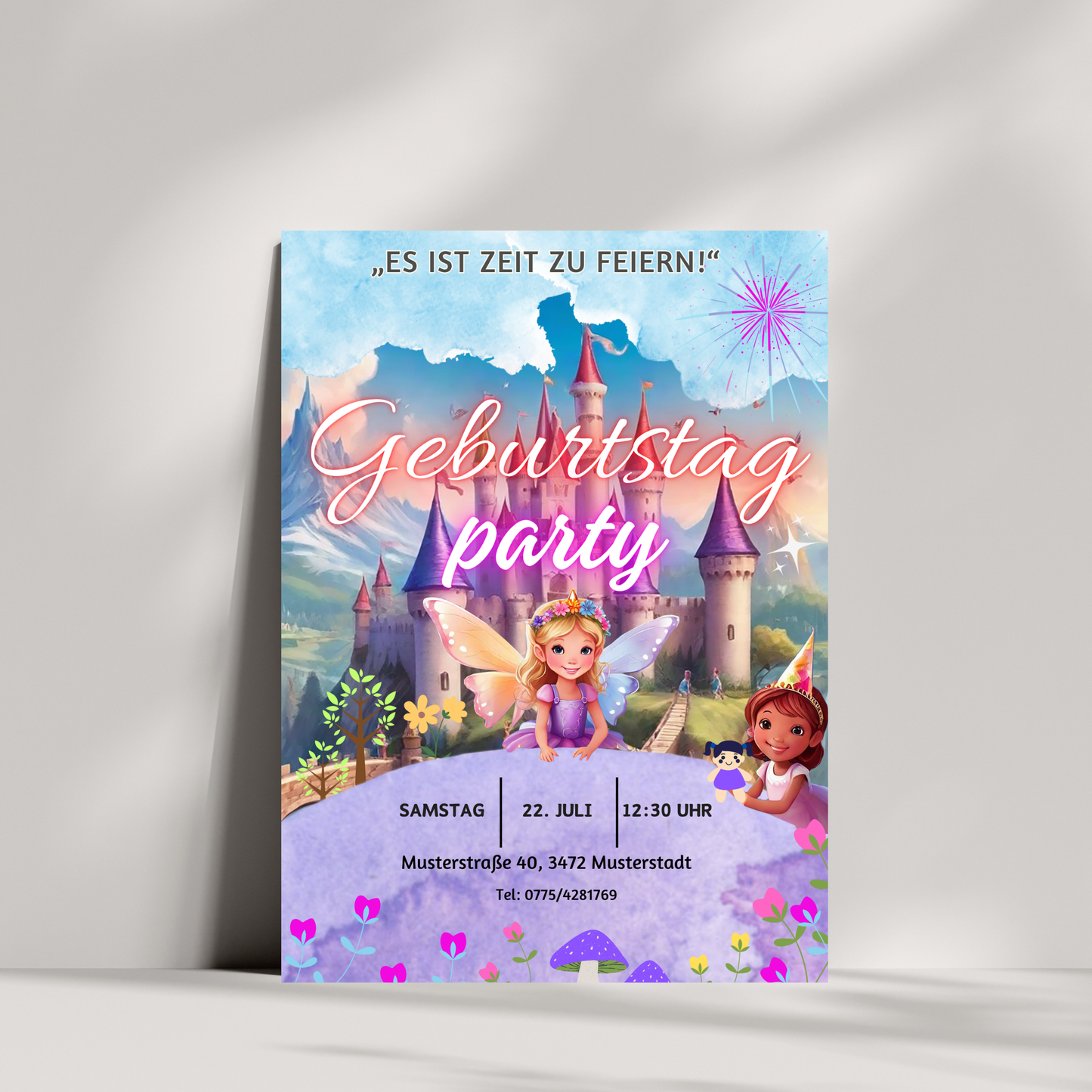 Digitale Einladung für Mädchen | Prinzessin & Schloss | Geburtstagsparty | Bearbeitbar mit Canva