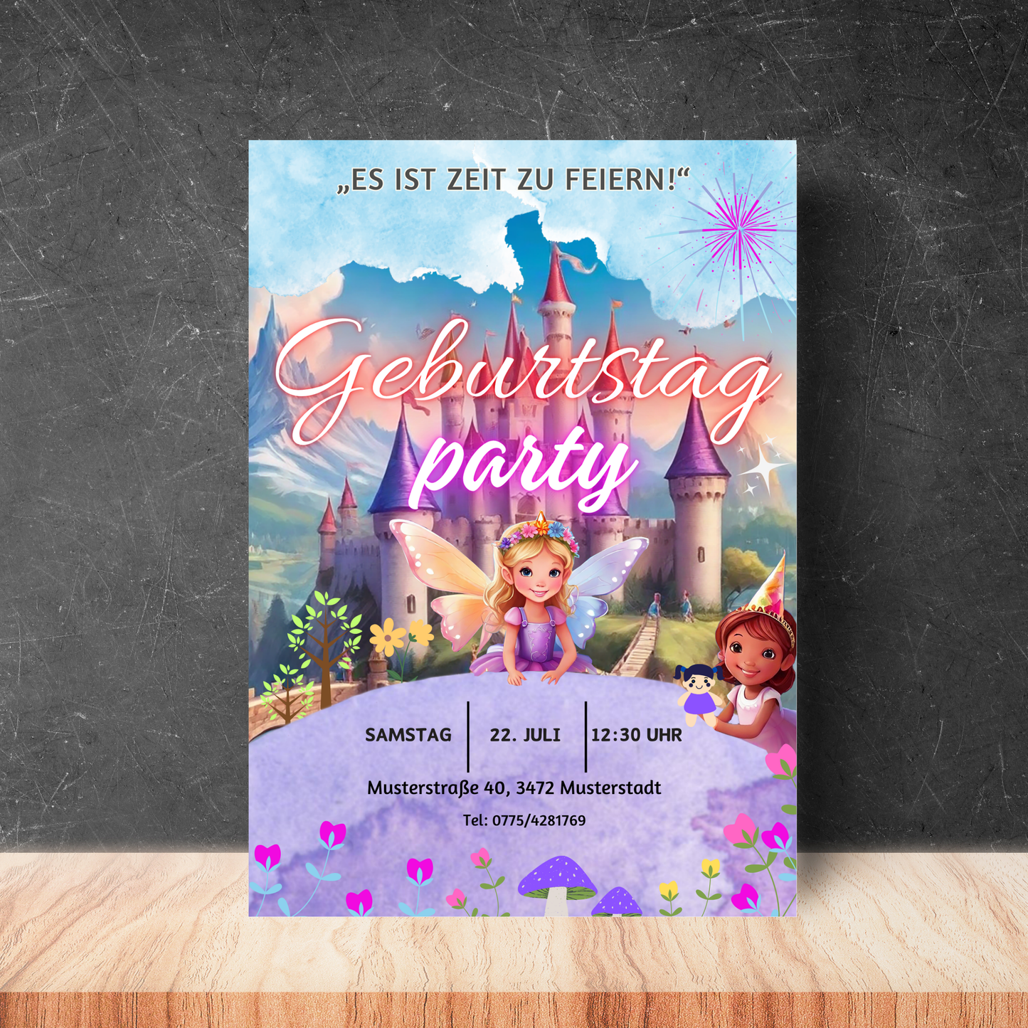 Digitale Einladung für Mädchen | Prinzessin & Schloss | Geburtstagsparty | Bearbeitbar mit Canva