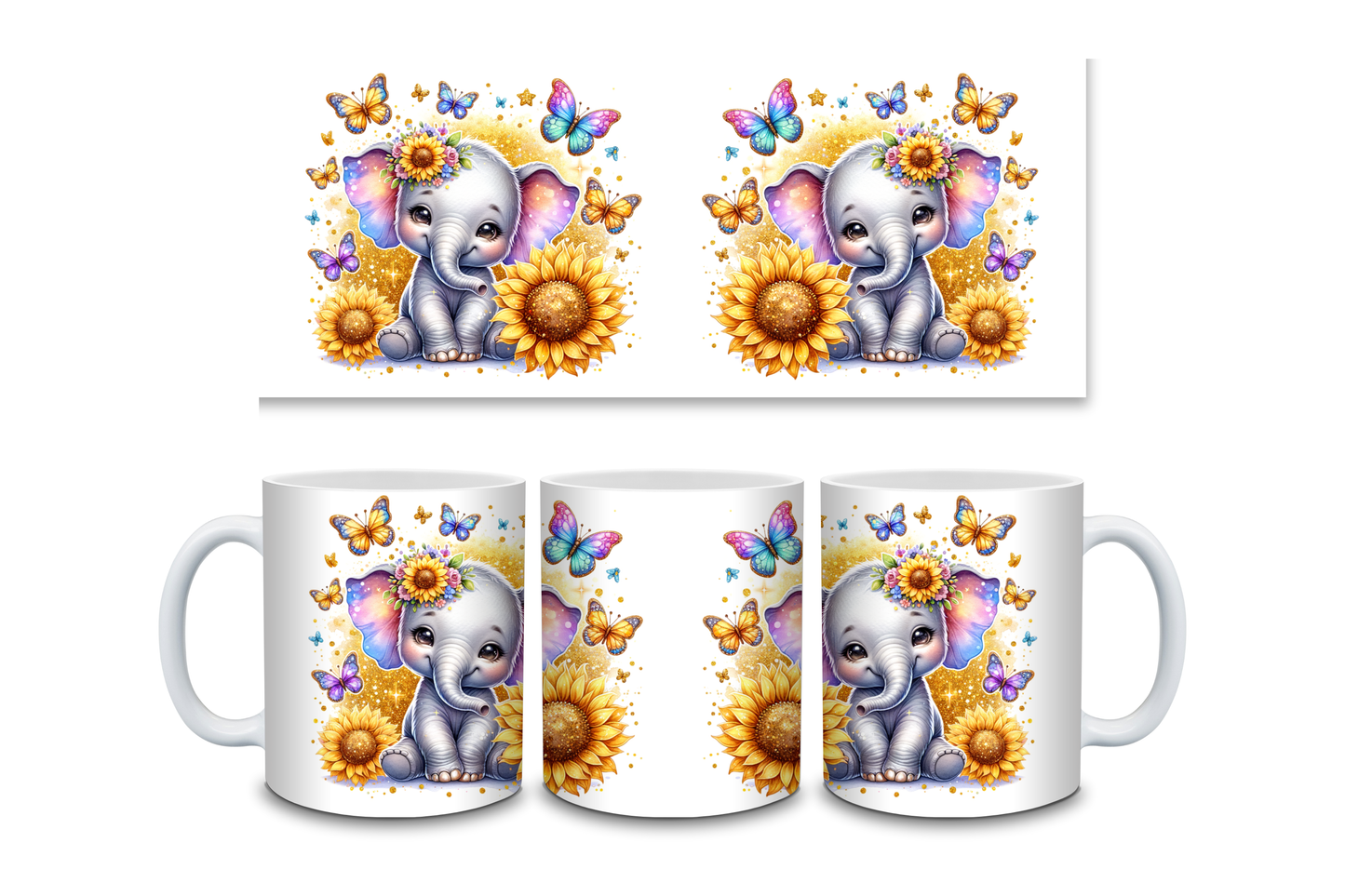 Elefant Tasse mit Sonnenblumen und Schmetterlingen – Keramiktasse für Tierliebhaber