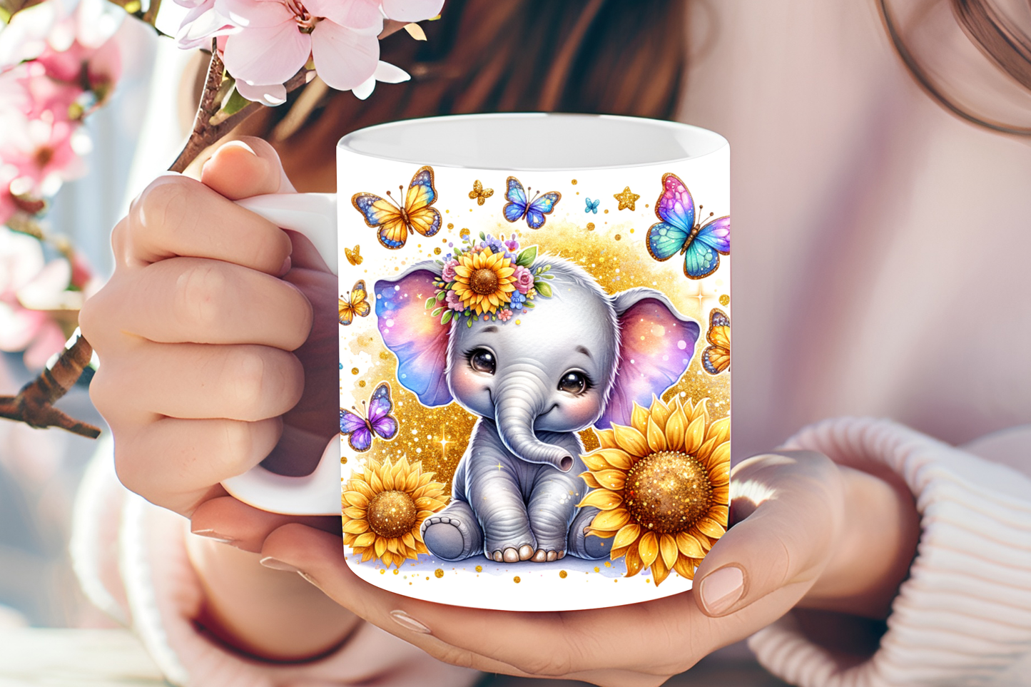 Elefant Tasse mit Sonnenblumen und Schmetterlingen – Keramiktasse für Tierliebhaber