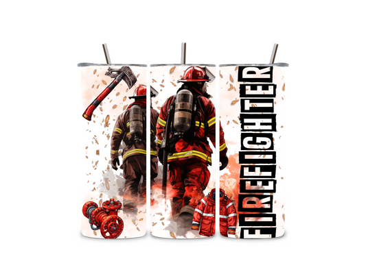 Feuerwehr Edelstahlbecher mit Uniform, Utensilien und Feuerfunken – ein Must-have für Retter und Helden. Perfekt als Geschenk!