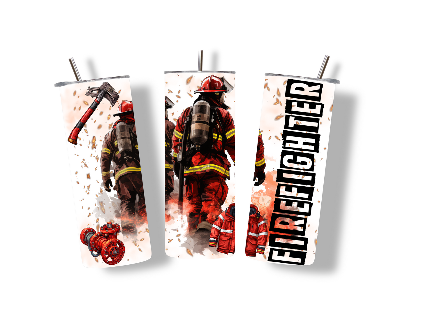 Feuerwehr Edelstahlbecher mit Uniform, Utensilien und Feuerfunken – ein Must-have für Retter und Helden. Perfekt als Geschenk!