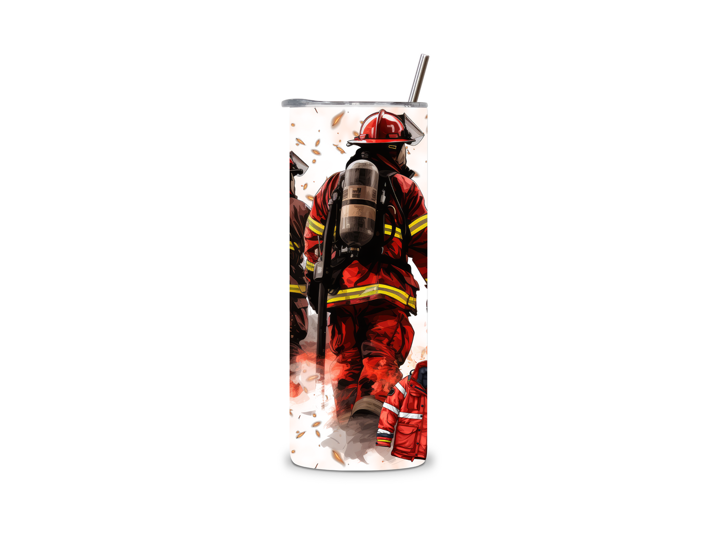 Feuerwehr Edelstahlbecher mit Uniform, Utensilien und Feuerfunken – ein Must-have für Retter und Helden. Perfekt als Geschenk!