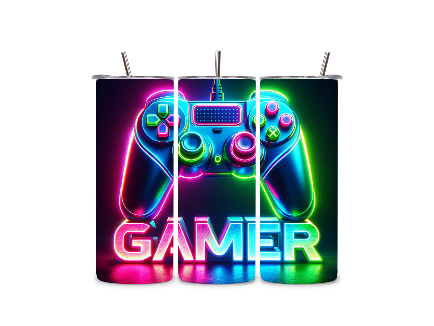 Edelstahlbecher Gamer mit Controller im Neon-Design – stylisch, praktisch und perfekt für Gaming-Fans. Ideales Geschenk für Zocker!