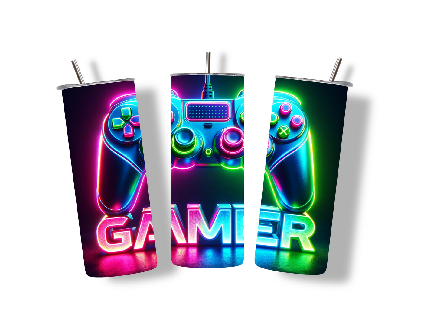 Edelstahlbecher Gamer mit Controller im Neon-Design – stylisch, praktisch und perfekt für Gaming-Fans. Ideales Geschenk für Zocker!