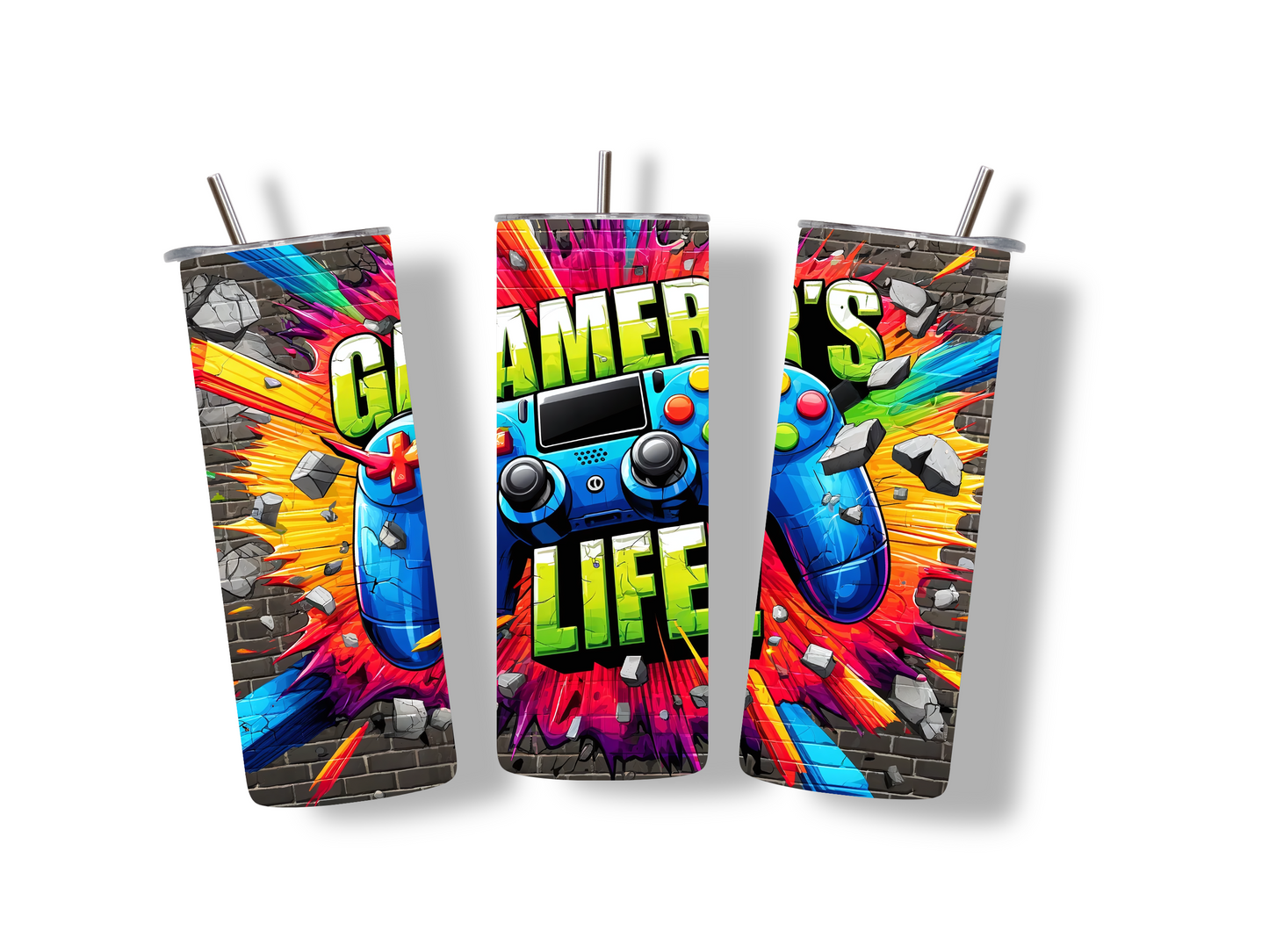 Edelstahlbecher Gamer´s Life mit Game Controller & Graffiti-Design. Perfekt für Zocker, robust, stylisch & ideal für Gaming-Sessions!