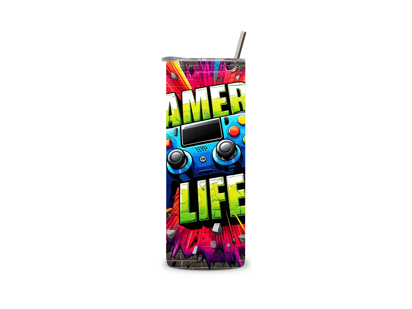 Edelstahlbecher Gamer´s Life mit Game Controller & Graffiti-Design. Perfekt für Zocker, robust, stylisch & ideal für Gaming-Sessions!