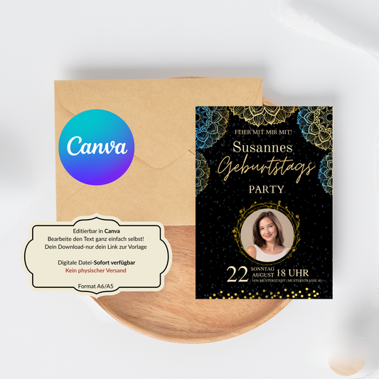 Geburtstagseinladung Erwachsene – Schwarzes & Goldenes Design – Canva Vorlage A5/A6