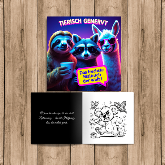 Cover des Malbuchs Tierisch genervt – Sarkastisches Ausmalbuch für Erwachsene mit frechem Spruch und humorvoller Illustration