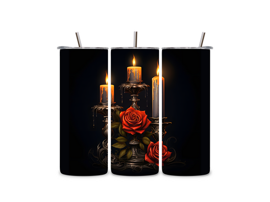 Gothic Edelstahlbecher mit Kerzen und Roten Rosen. Mystisch, elegant und praktisch – perfekt für Fans des düster-romantischen Stils.