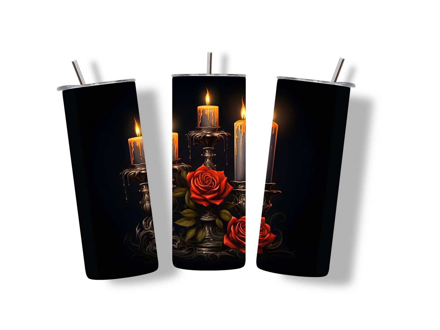 Gothic Edelstahlbecher mit Kerzen und Roten Rosen. Mystisch, elegant und praktisch – perfekt für Fans des düster-romantischen Stils.