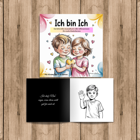 Ausmalbuch mit Affirmationen für Kinder: Titel „Ich bin ich – Ein liebevolles Ausmalbuch voller Affirmationen für starke Kinderherzen“. Bunt gestaltetes Cover mit fröhlichem Design, geeignet für Kinder ab 4 Jahren.