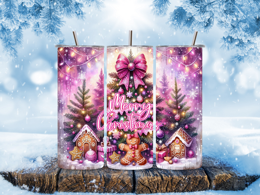 Edelstahlbecher mit Merry Christmas, Lebkuchen, Häusern & Sternen in Pink Violett. Perfekt für heiße Getränke & Weihnachtsfans!