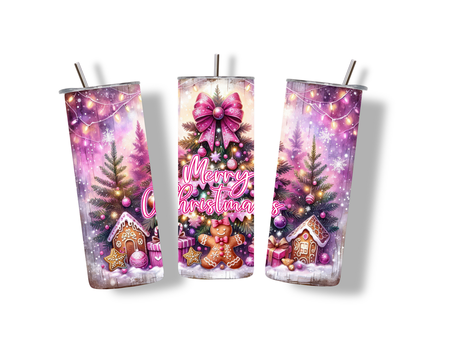 Edelstahlbecher mit Merry Christmas, Lebkuchen, Häusern & Sternen in Pink Violett. Perfekt für heiße Getränke & Weihnachtsfans!