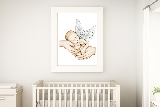 Poster Baby mit Engelsflügel – Elternhände schützend – Liebevolle Wanddeko Babyzimmer – Geschenk zur Geburt oder Taufe – Digital Download Kunst A4 A3