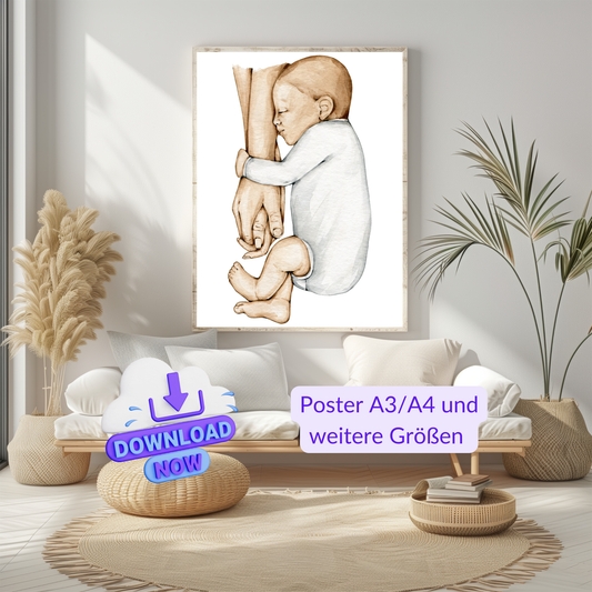 Poster Eltern Hände & Baby – Liebevolle Wanddeko Familie – Symbol für Zusammenhalt – Geschenk Geburt Babyzimmer – Digital Download Kunst A3 A4