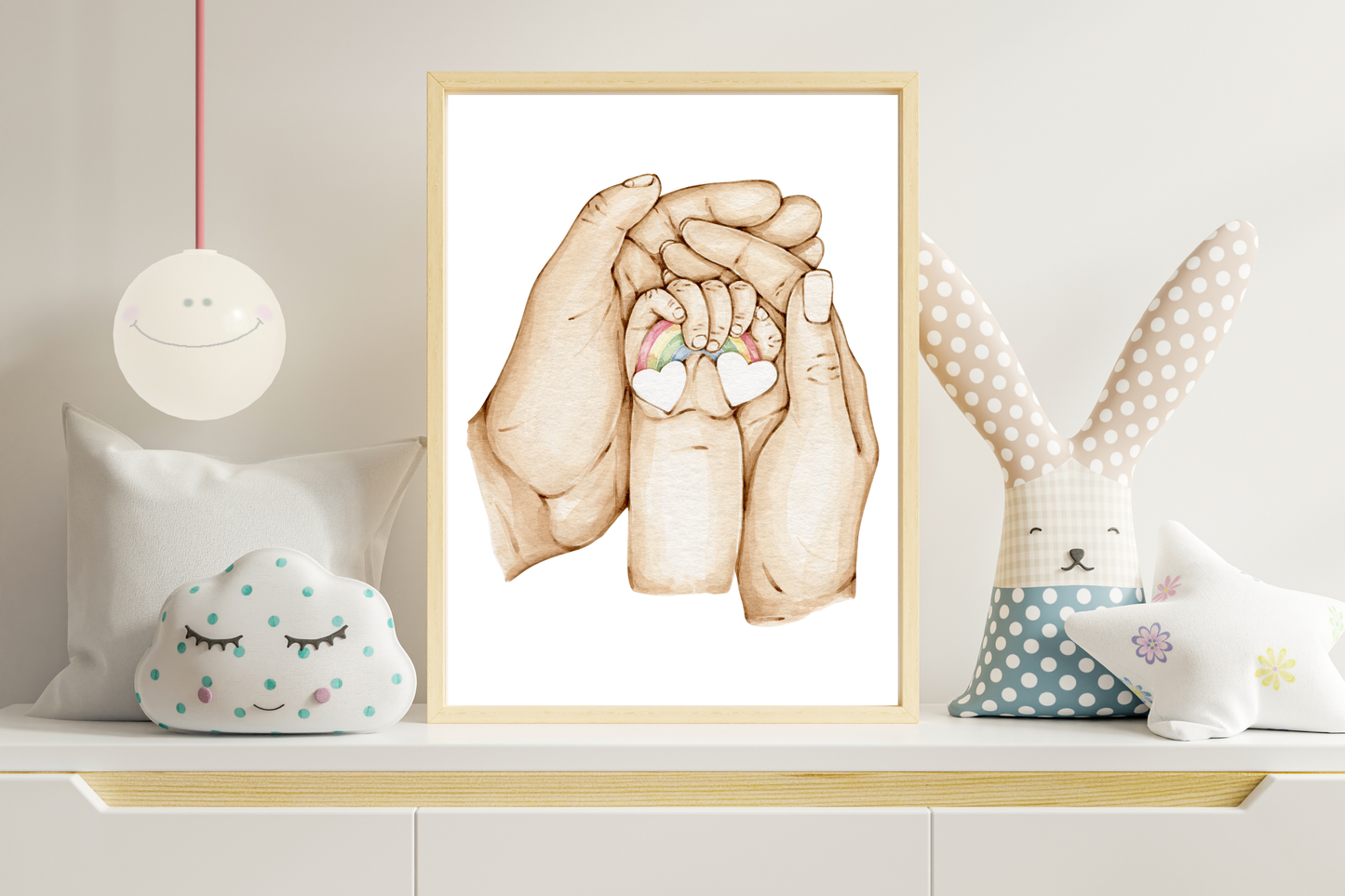 Poster Eltern-Kind Hände & Regenbogen – Symbol für Liebe & Hoffnung – Wanddeko Babyzimmer – Geschenk Geburt Taufe – Digital Download Kunst A4 A3