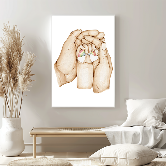 Poster Eltern-Kind Hände & Regenbogen – Symbol für Liebe & Hoffnung – Wanddeko Babyzimmer – Geschenk Geburt Taufe – Digital Download Kunst A4 A3