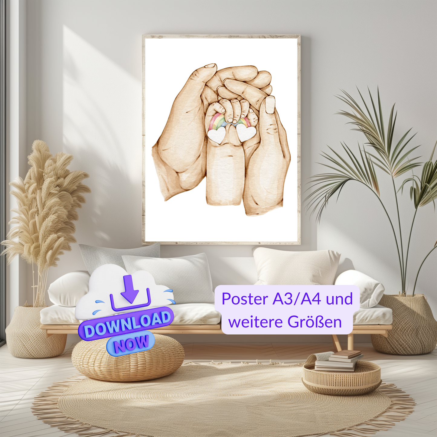 Poster Eltern-Kind Hände & Regenbogen – Symbol für Liebe & Hoffnung – Wanddeko Babyzimmer – Geschenk Geburt Taufe – Digital Download Kunst A4 A3