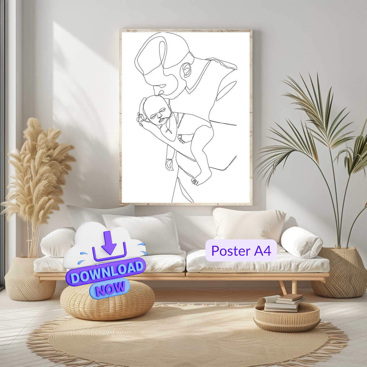 Schwarz-Weiß-Poster Vater und Baby – Minimalistische Zeichnung, Papa hält Kind im Arm – Geschenk zur Geburt, Vatertag oder Babyzimmer Deko A4/A3